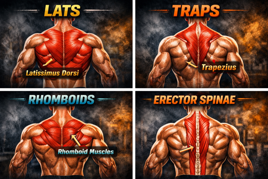 lats, traps, rhomboids, and erector spinae